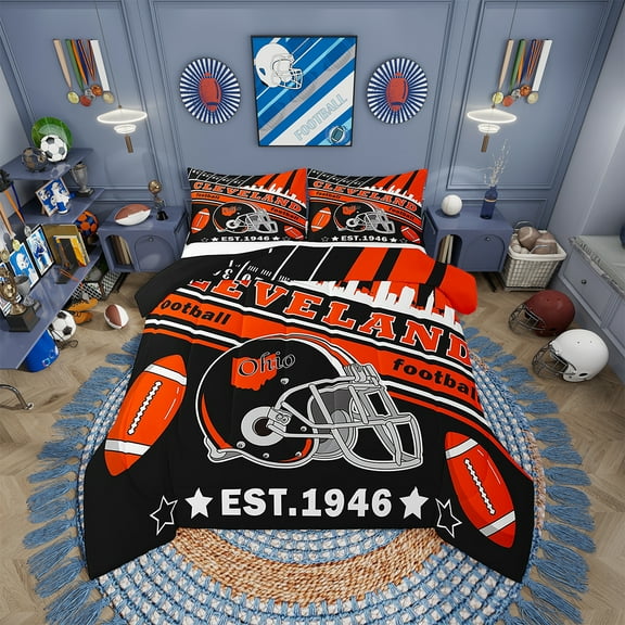 Erosebridal Football Bedding Set Full Size Cleveland Comforter Set American Football Gifts for Football Fans Women Men Football City Comforter Rugby Sports Duvet Set Bedroom Decor