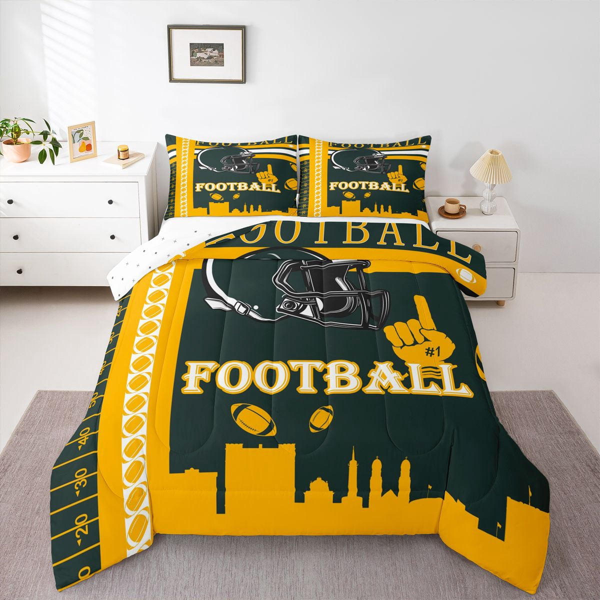 Erosebridal Football Bedding Set Full Size Green Bay Comforter Set Rugby Sports Gifts for Football Fans Women Men Football City Comforter American Football Duvet Set Bedroom Decor