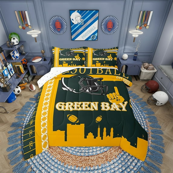 Erosebridal Football Bedding Set Full Size Green Bay Comforter Set Rugby Sports Gifts for Football Fans Women Men Football City Comforter American Football Duvet Set Bedroom Decor