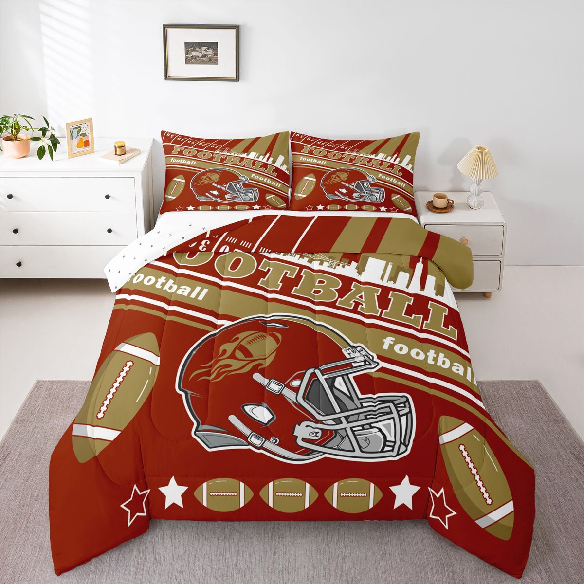 Erosebridal Football Bedding Set Full Size San Francisco Comforter Set American Football Gifts for Football Fans Women Men Football City Comforter Rugby Sports Duvet Set Bedroom Decor