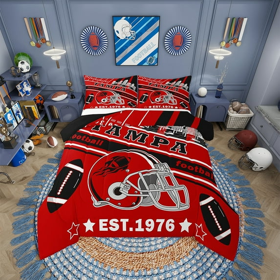 Erosebridal Football Bedding Set Full Size Tampa Comforter Set American Football Gifts for Football Fans Women Men Football City Comforter Rugby Sports Duvet Set Bedroom Decor