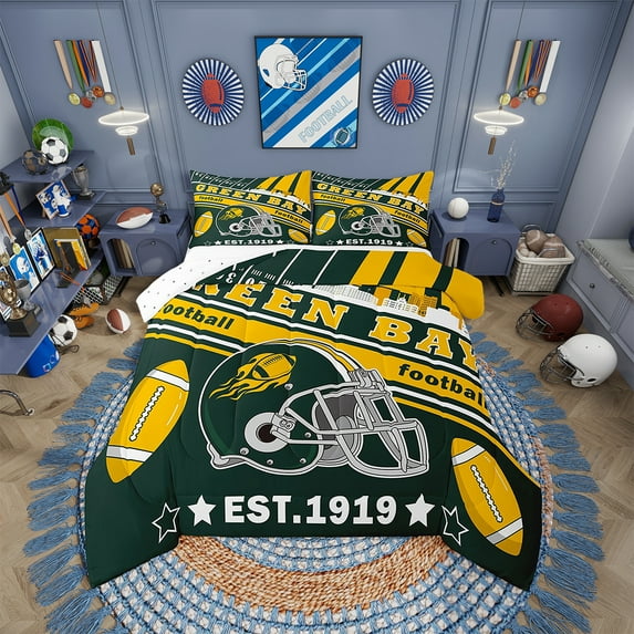 Erosebridal Football Bedding Set Queen Size Green Bay Comforter Set American Football Gifts for Football Fans Women Men Football City Comforter Rugby Sports Duvet Set Bedroom Decor