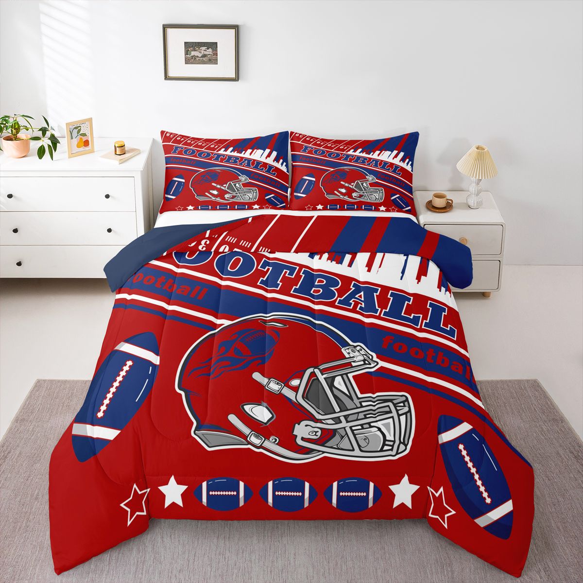Erosebridal Football Bedding Set Twin Size New York Comforter Set American Football Gifts for Football Fans Women Men Football City Comforter Rugby Sports Duvet Set Bedroom Decor