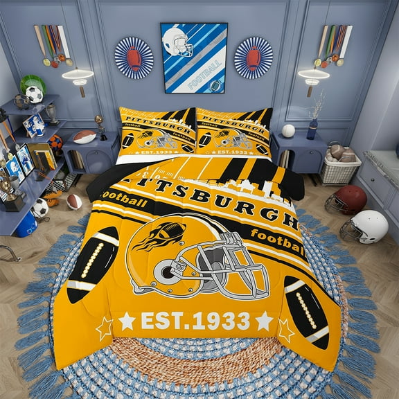 Erosebridal Football Bedding Set Twin Size Pittsburgh Comforter Set American Football Gifts for Football Fans Women Men Football City Comforter Rugby Sports Duvet Set Bedroom Decor