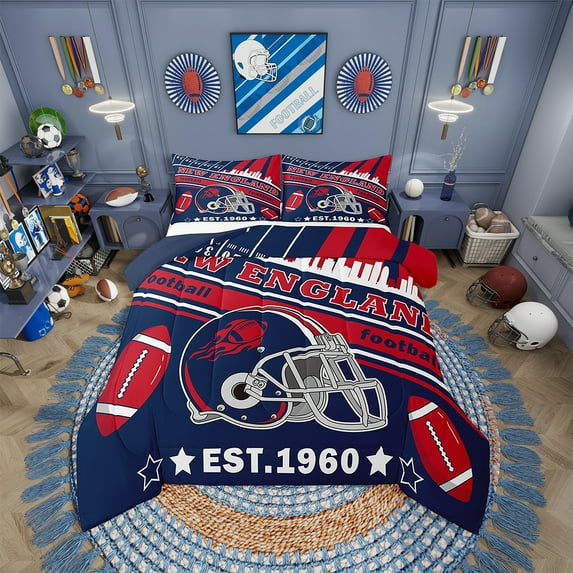 Erosebridal Football Bedding Set King Size New England Comforter Set American Football Gifts for Football Fans Women Men Football City Comforter Rugby Sports Duvet Set Bedroom Decor
