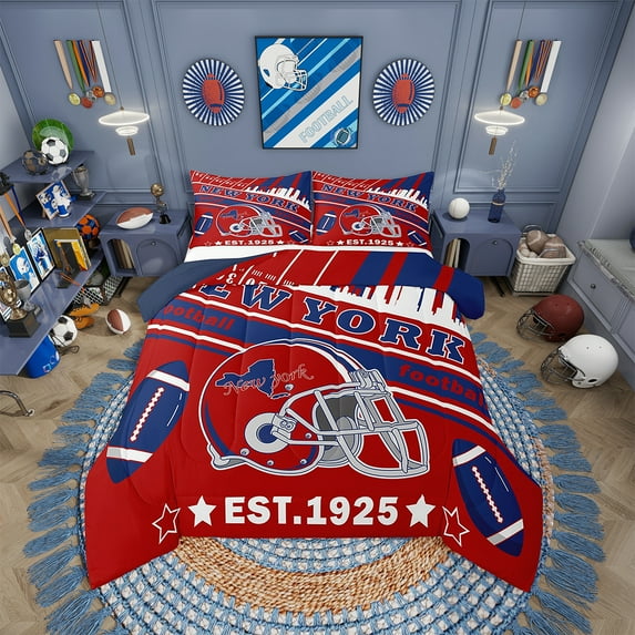 Erosebridal Football Bedding Set King Size New York Comforter Set American Football Gifts for Football Fans Women Men Football City Comforter Rugby Sports Duvet Set Bedroom Decor