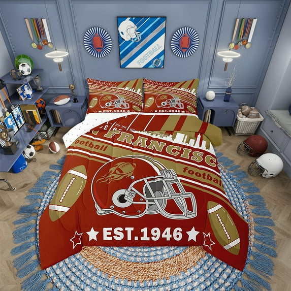 Erosebridal Football Bedding Set San Francisco Comforter Set American Football Gifts for Football Fans Women Men Football City Comforter Rugby Sports Duvet Set Bedroom Decor
