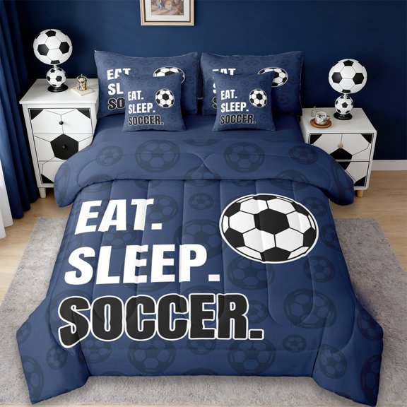 Erosebridal Football Boys 7-Piece Twin Bedding Sets,Soccer Ball Games Bedding Comforter Set For Boys Tees,Reversible Navy