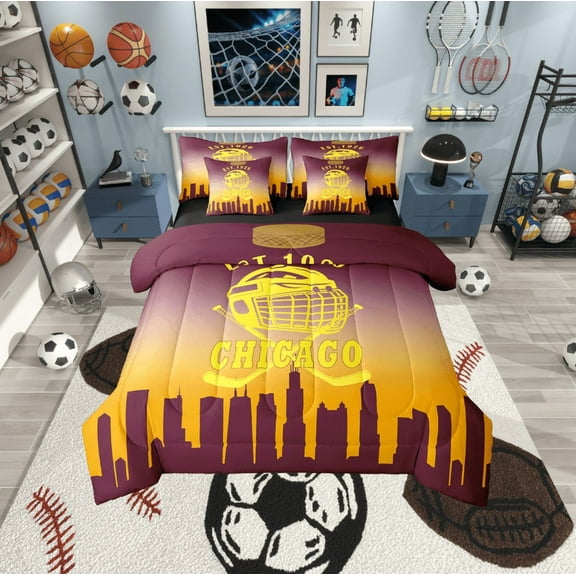 Erosebridal Football Chicago Bedding Sets Twin Size, Soccer Sport Comforter Sets with Sheets, Yellow Orange Reversible Bed Set, Lightweight Bedroom Decorative, 7-Piece