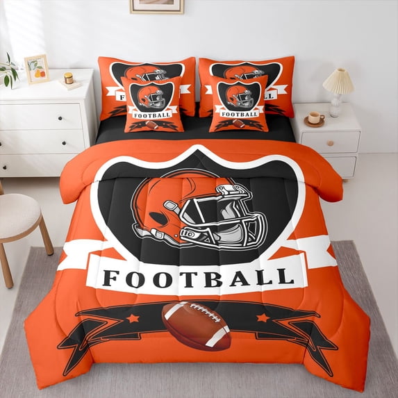 Erosebridal Football Cincinnati Bedding Sets, Soccer Sport Comforter Sets with Sheets, Orange Black Reversible Bed Sheets Set, Breathable Room Decoration, 7pcs