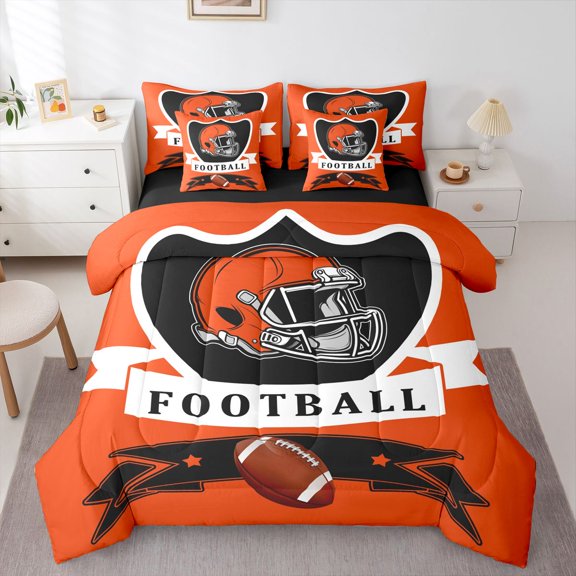Erosebridal Football Cincinnati Bedding Sets, Soccer Sport Comforter Sets with Sheets, Orange Black Reversible Bed Sheets Set, Breathable Room Decoration, 7pcs