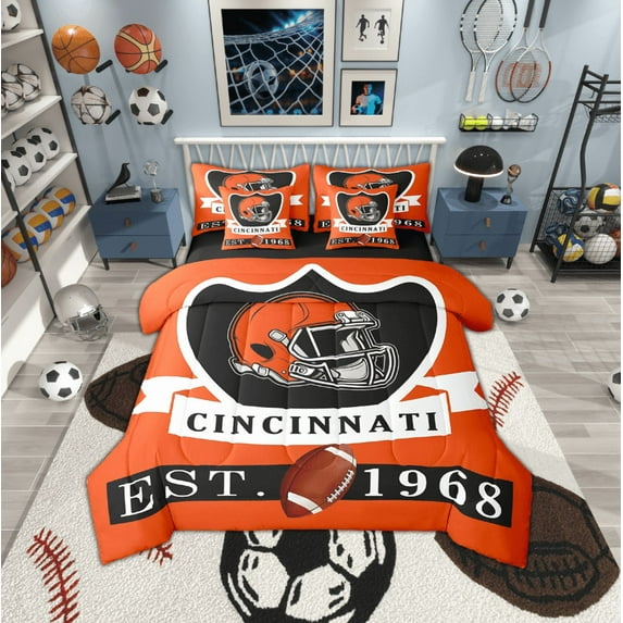 Erosebridal Football Cincinnati Bedding Sets, Soccer Sport Comforter Sets with Sheets, Orange Black Reversible Bed Sheets Set, Breathable Room Decoration, 7pcs