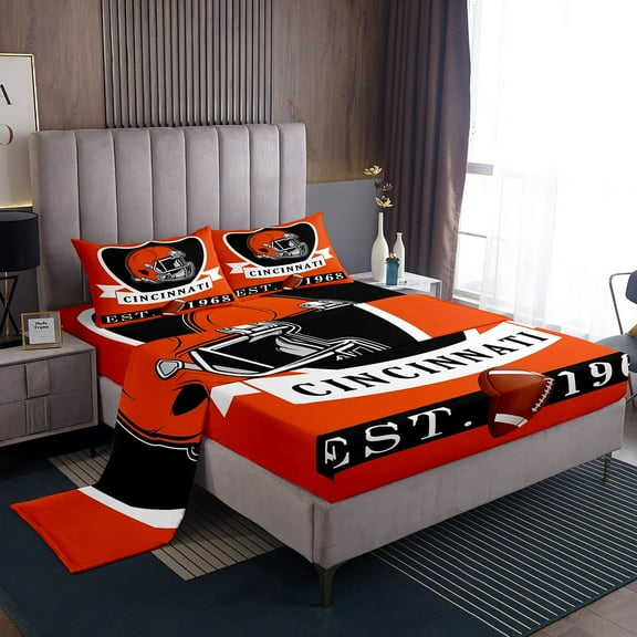 Erosebridal Football Cincinnati Sheet Set Twin, Soccer Sport Twin Sheet Sets, Orange Black Bedding Sets Twin Size, Breathable Room Decoration, 3pcs