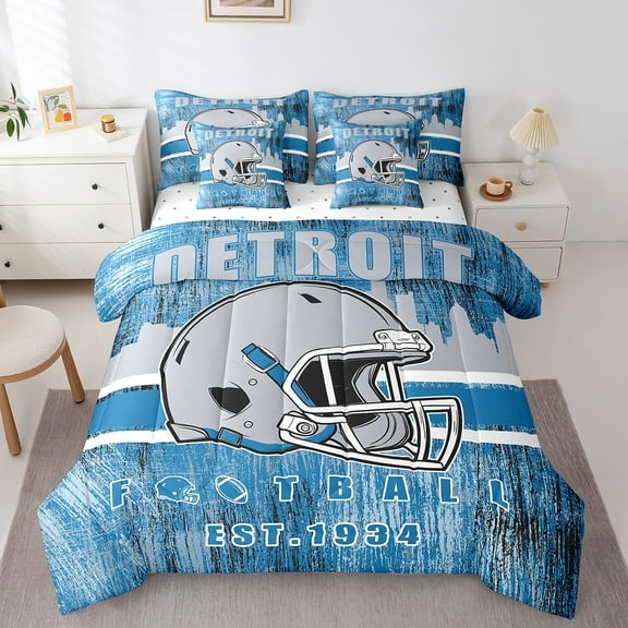 Erosebridal Football City Bedding Sets Twin Size, American Football Bed Sheets Set, Blue Grey, DETROIT, Ultra Soft 7 Pieces