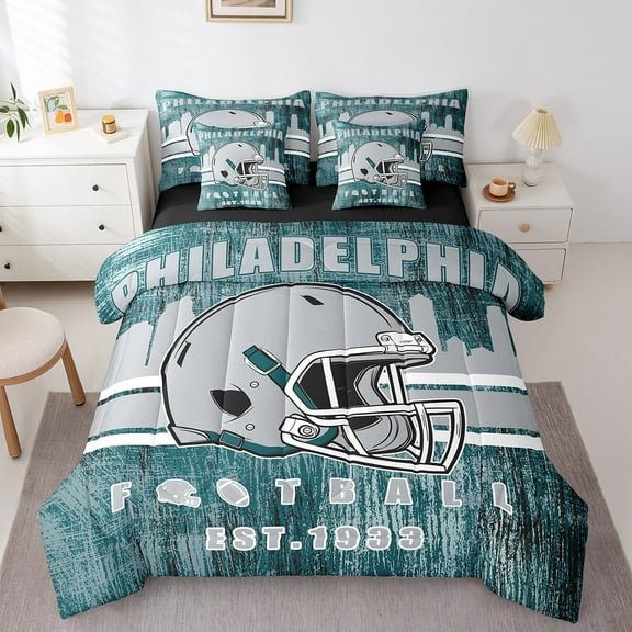 Erosebridal Football City Bedding Sets Twin Size, American Football Bed Sheets Set, Turqoise Grey, PHILADELPHIA, Ultra Soft 7 Pieces