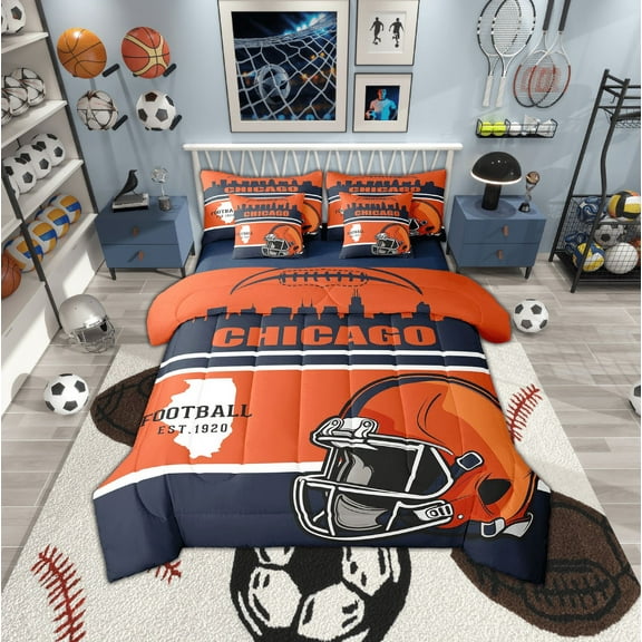 Erosebridal Football City Chicago Bedding, Soccer Sport Bed in a Bag, Navy Orange Reversible Bed Set, Microfiber Bedroom Decoration, 7pcs