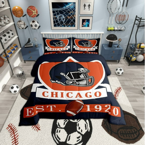 Erosebridal Football City Chicago Comforter Sets Twin Size, Soccer Sport Comforters & Duvets, Navy Orange Reversible Duvet Insert, Microfiber Bedroom Decoration, 2pcs