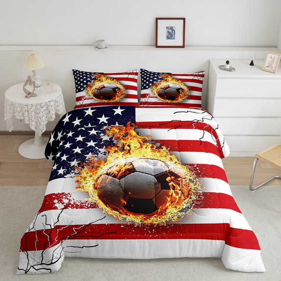 Erosebridal Football Comforter Set American Flag Comforter Rugby Sports Bedding Set Queen Size Bedroom Decor Soccer Ball Game Duvet Set3Pcs