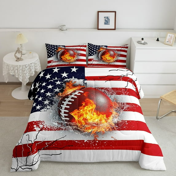 Erosebridal Football Comforter Set American Flag Comforter Rugby Sports Bedding Set Twin Size Bedroom Decor Fire Football Duvet Set Quilt Set 2Pcs