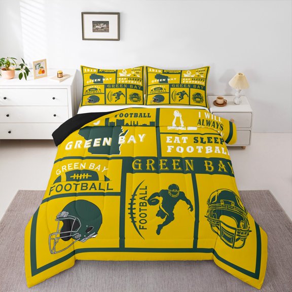 Erosebridal Football Comforter Set Twin,Rugby Bedding Set,Football Helmet Down Comforter for Teen,Sports Reversible Bed Set with 1 Pillowcase for Bedroom(Green Bay)