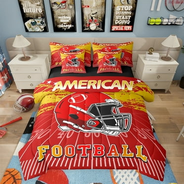 Erosebridal Football Comforter Set Twin Size 7 Pieces Rugby Ball Games Sport Arena Red Yellow Bedding Set Sports Theme Bed in a Bag with Comforter