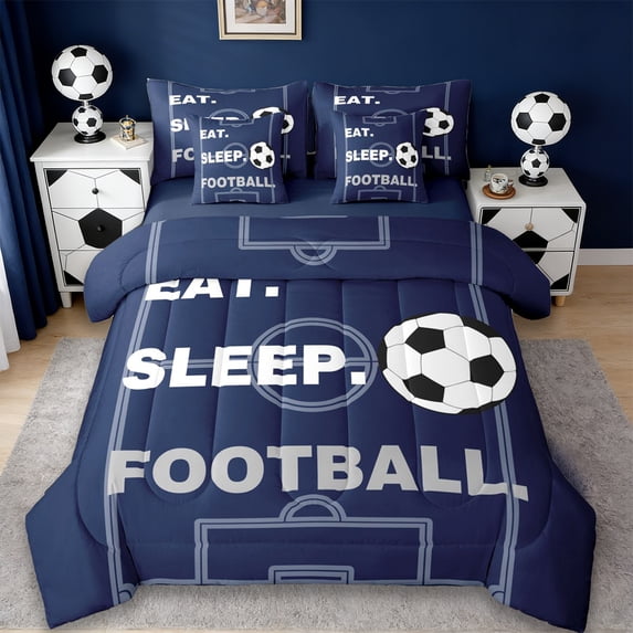 Erosebridal Football Court Pattern 7-Piece Twin Bedding Sets,Ball Sport Games Bedding Comforter Set For Soccer Lovers,Reversible Navy