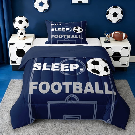 Erosebridal Football Court Pattern Twin Comforter Sets,Ball Sport Games Bedding Set For Soccer Lovers,Reversible Navy 2-Piece