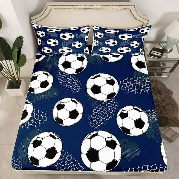 Erosebridal Football Fitted Sheet Twin Size Soccer Bed Sheet Set Soccer Ball Game Navy Blue Bedding Set Sports Theme Bed Cover Deep Pocket(No Top Sheet)