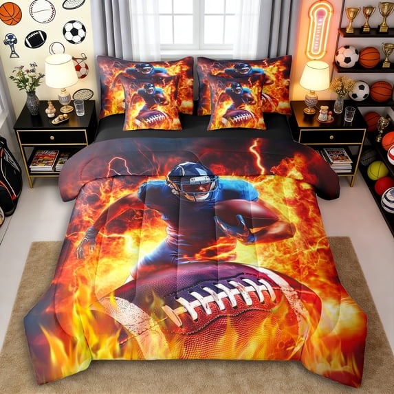 Erosebridal Football Gamer Twin Bedding Sets 7-Piece for Kids Boys,Teens Sport Theme Flame Bedding Comforter Set,Black Reversible,Ultra Soft Home Decor