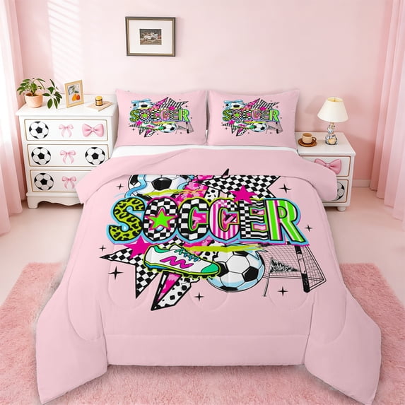 Erosebridal Football Games Theme Full Size Comforter Sets,Soccer Sport Classic Geometric Plaid Kids Bedding Sets For Girls,Reversible Pink 3-Piece