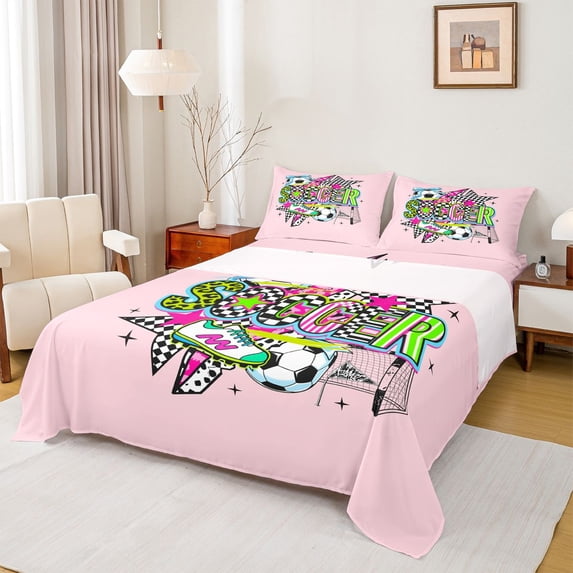 Erosebridal Football Games Theme Queen Sheet Sets,Soccer Sport Classic Geometric Plaid Kids Bed Set For Girls 4 Pieces