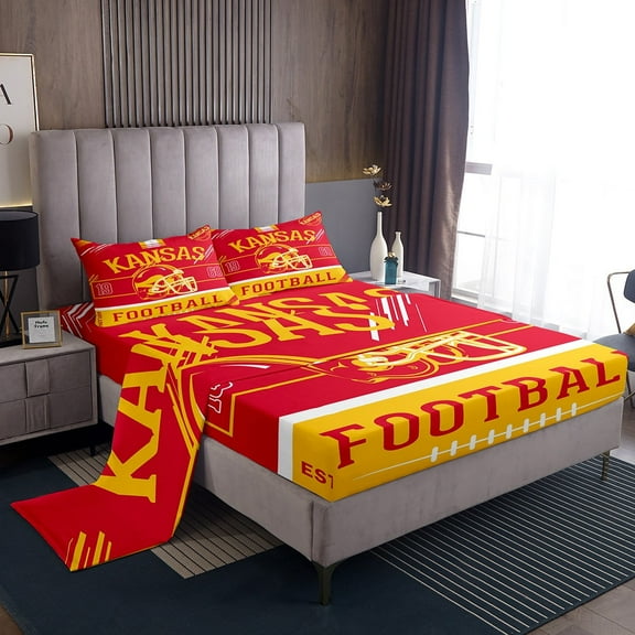 Erosebridal Football Helmet Print Bed Sheets Twin, Sports Theme Bedding Twin Size , Kansas, Orange Red, 3 Pieces (Top Sheet, Fitted Sheet, Pillowcase)