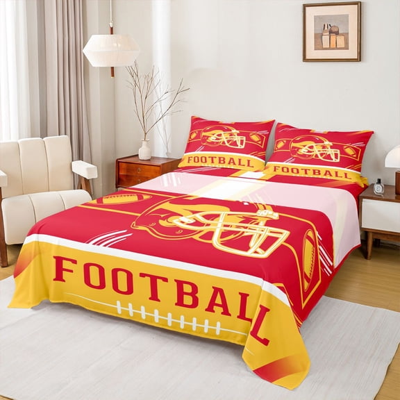 Erosebridal Football Helmet Print Bed Sheets Twin, Sports Theme Bedding Twin Size , Kansas, Orange Red, 3 Pieces (Top Sheet, Fitted Sheet, Pillowcase)