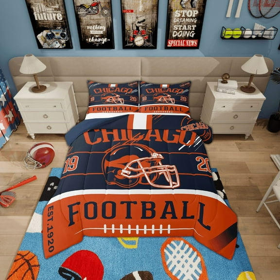 Erosebridal Football Helmet Print Bedding Sets Twin with Comforter, Sports Theme Duvet Insert , Chicago, Navy Orange, Reversible 2-Piece, Super Cozy