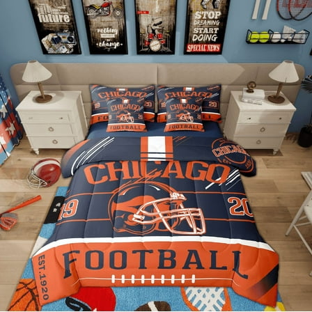 Erosebridal Football Helmet Print Bedding Sets Twin Size, Sports Theme Bed Sheets Set , Chicago, Navy Orange, Ultra Soft 7 Pieces