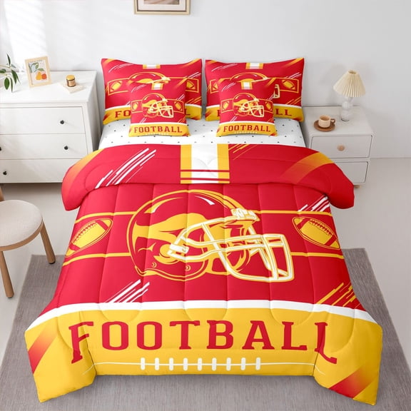 Erosebridal Football Helmet Print Bedding Sets Twin Size, Sports Theme Bed Sheets Set , Kansas, Orange Red, Ultra Soft 7 Pieces