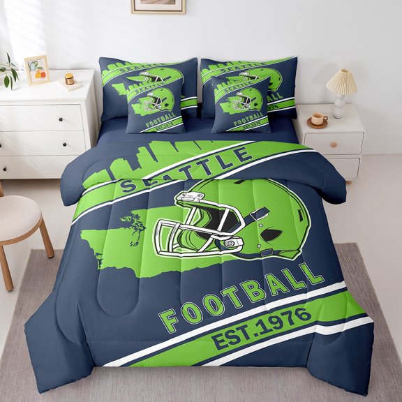 Erosebridal Football Helmet Print Bedding Twin Size, Sports Theme Bedding Accessories , Seattle, Navy Green, Super Cozy 7-Piece