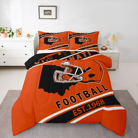Erosebridal Football Helmet Print Comforter Sets Twin Size, Sports Theme Comforters & Duvets , Cincinnati, Orange Black, REversible 2 Pieces, Lightweight