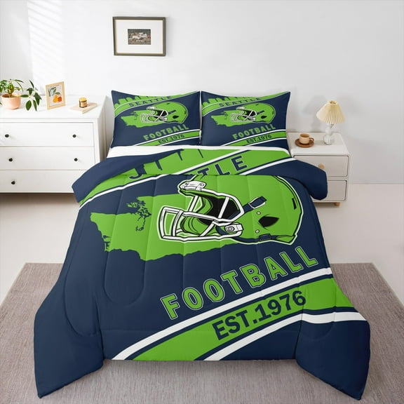 Erosebridal Football Helmet Print Comforter Sets Twin Size, Sports Theme Comforters & Duvets , Seattle, Navy Green, REversible 2 Pieces, Microfiber