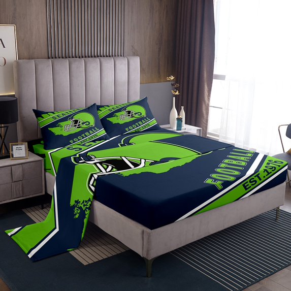 Erosebridal Football Helmet Print King Sheet Sets, Sports Theme Bedding King Size , Seattle, Navy Green, 4-Piece (Top Sheet, Fitted Sheet, Pillowcase)