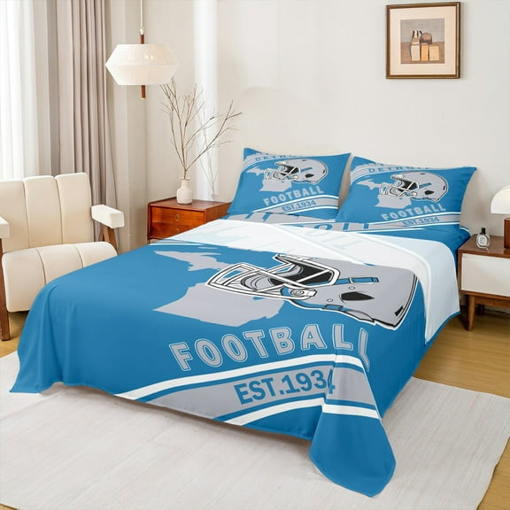 Erosebridal Football Helmet Print Twin Sheet Sets, Sports Theme Bedding Twin Size , Detroit, Blue Grey, 3-Piece (Top Sheet, Fitted Sheet, Pillowcase)