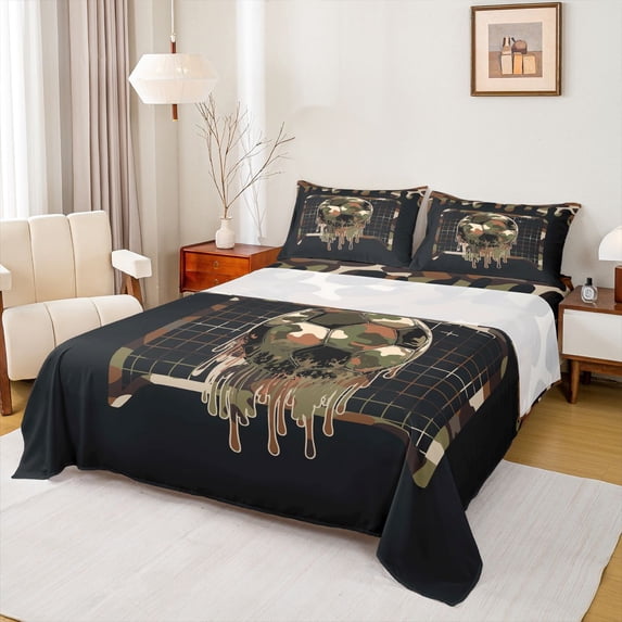 Erosebridal Football Ice Cream Kids Queen Sheet Sets,Vintage Camouflage Print Bed Set 4 Pieces