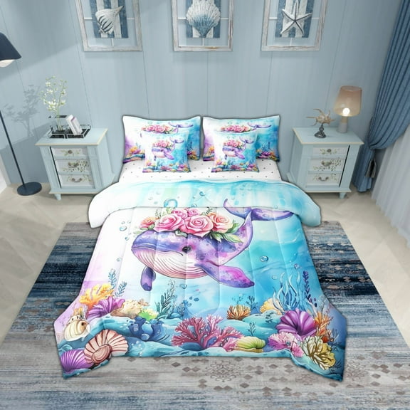 Erosebridal Sealife Whale Bedding Sets Twin Size,Marine Animal Comforter Sets with Sheets,Uderwater World Decor,Breathable,7pcs