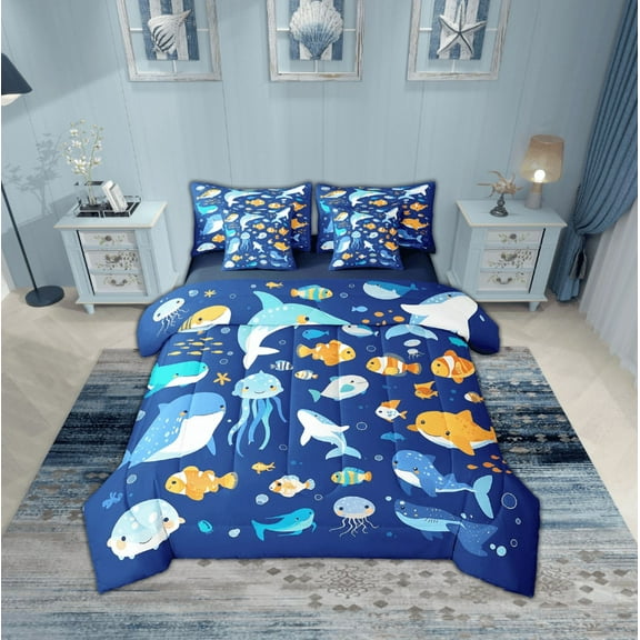 Erosebridal Whale Jellyfish Bedding Sets Twin Size,Marine Animal Comforter Sets with Sheets,Uderwater World Decor,Reversible,Breathable,7pcs