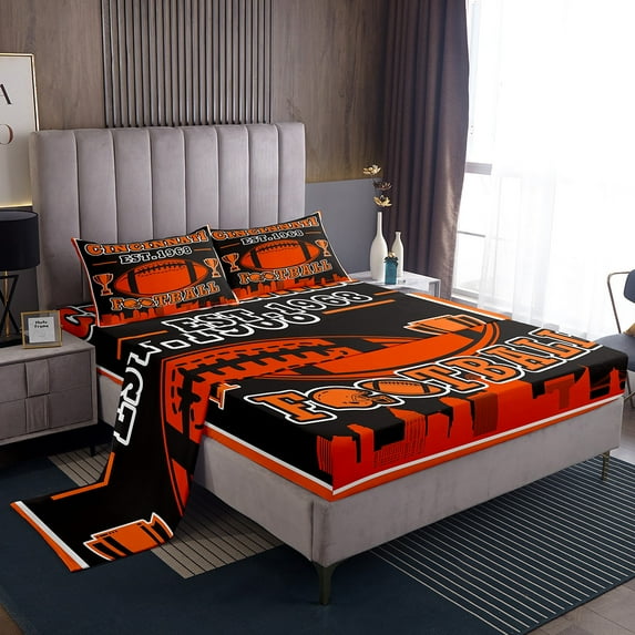 Erosebridal Football Print Bed Sheets King,Orange Black Bedding King Size,Teenager Bedroom Decor(Cincinnati),Ultra Soft,4pcs