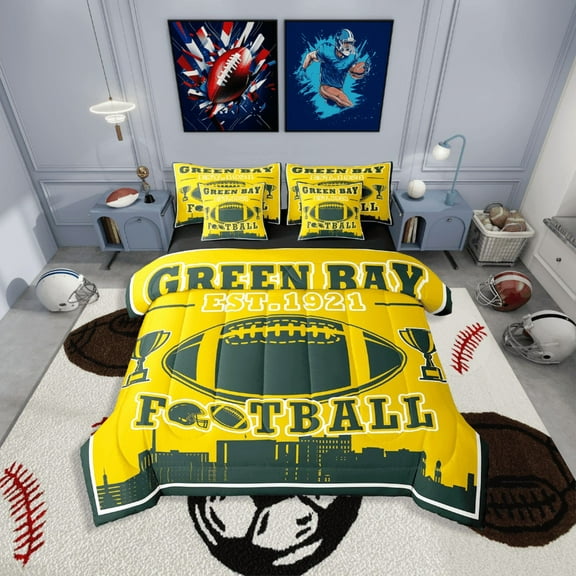 Erosebridal Football Print Bedding Sets Twin Size,Green Yellow Comforter Sets with Sheets,Teenager Bedroom Decor(Green Bay),Reversible,Lightweight,7-Piece