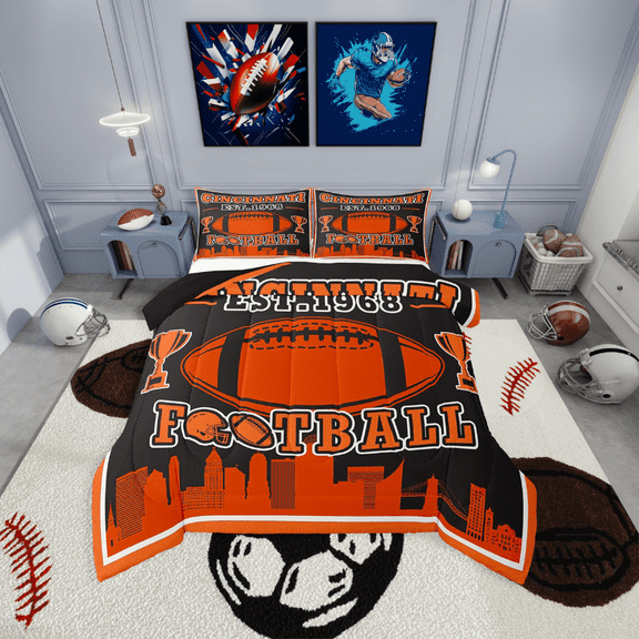Erosebridal Football Print Bedding Twin Comforter Set,Orange Black Down Comforter,Teenager Bedroom Decor(Cincinnati),Reversible,Lightweight,2-Piece
