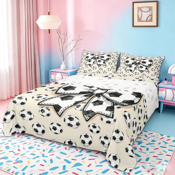 Erosebridal Football Print Bowtie Bed Sheets,Soccer Sport Ball Games King Sheets For Girls Kids 4-Piece
