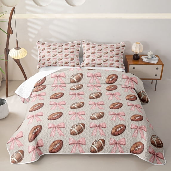 Erosebridal Football Print Quilt King for Boys Girls,Teens Sport Theme Pink Bowknot King Coverlet Set