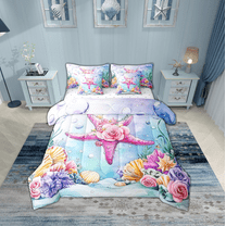Erosebridal Teen Flower Starfish Bedding Sets Twin Size,Cartoon Sealife Comforter Sets with Sheets,Marine Room Decorative,Breathable,7pcs